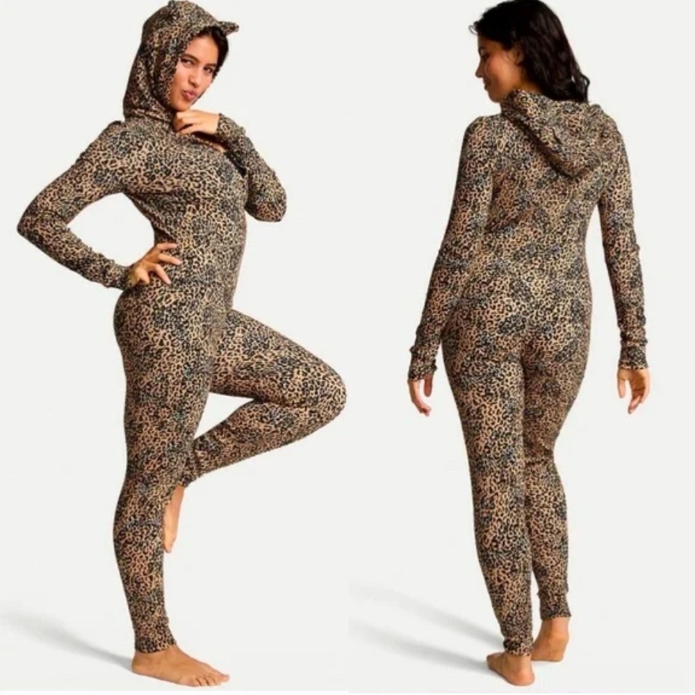 VS PINK Leopard Print Thermal Jumpsuit Onesie Hooded with Cat Ears XXL